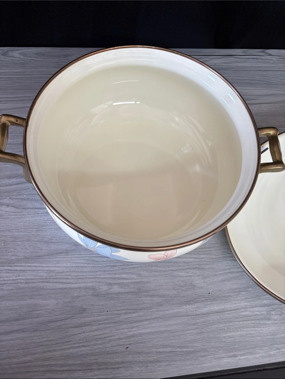 Cream Floral Enamel Pot with Brass Accents